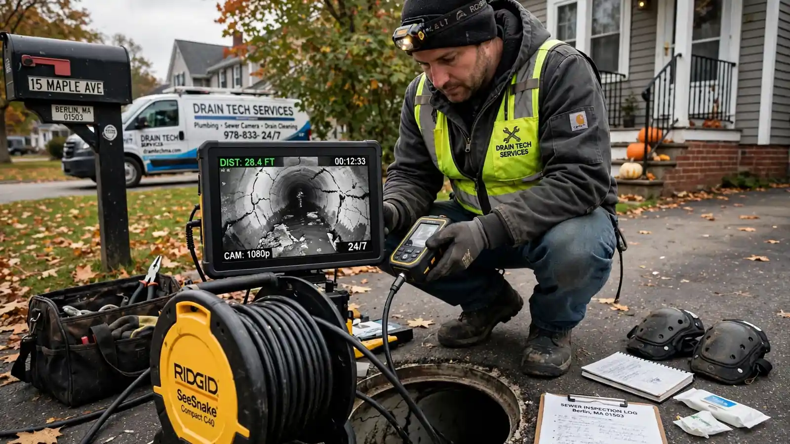 Inspección con cámara de alcantarillado en Berlín, MA