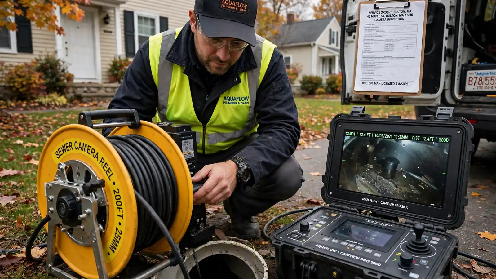 Inspección con cámara de alcantarillado en Bolton, MA
