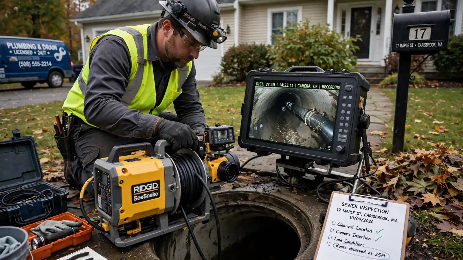 Inspección con cámara de alcantarillado en Carisbrook, MA
