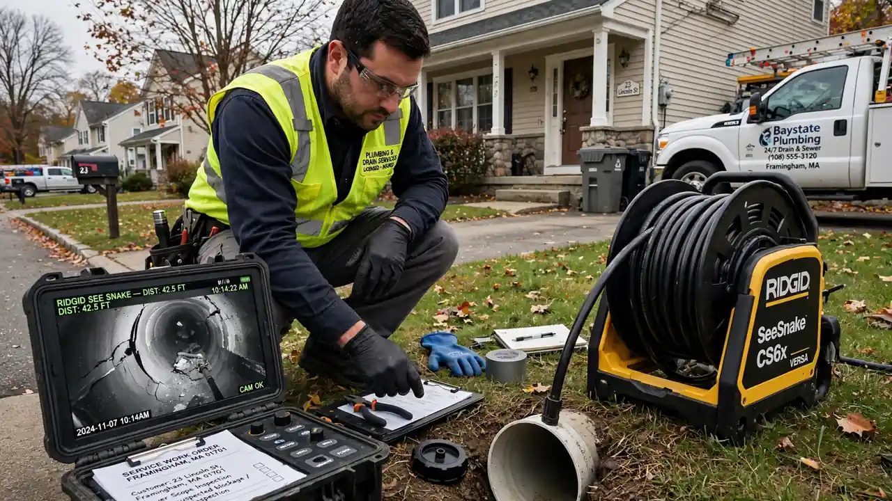 Inspección con cámara de alcantarillado en Framingham, MA