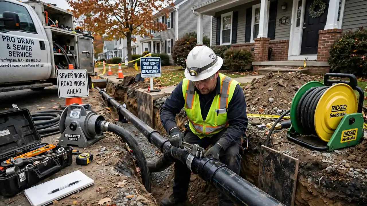 Instalación de línea de alcantarillado en Framingham, MA