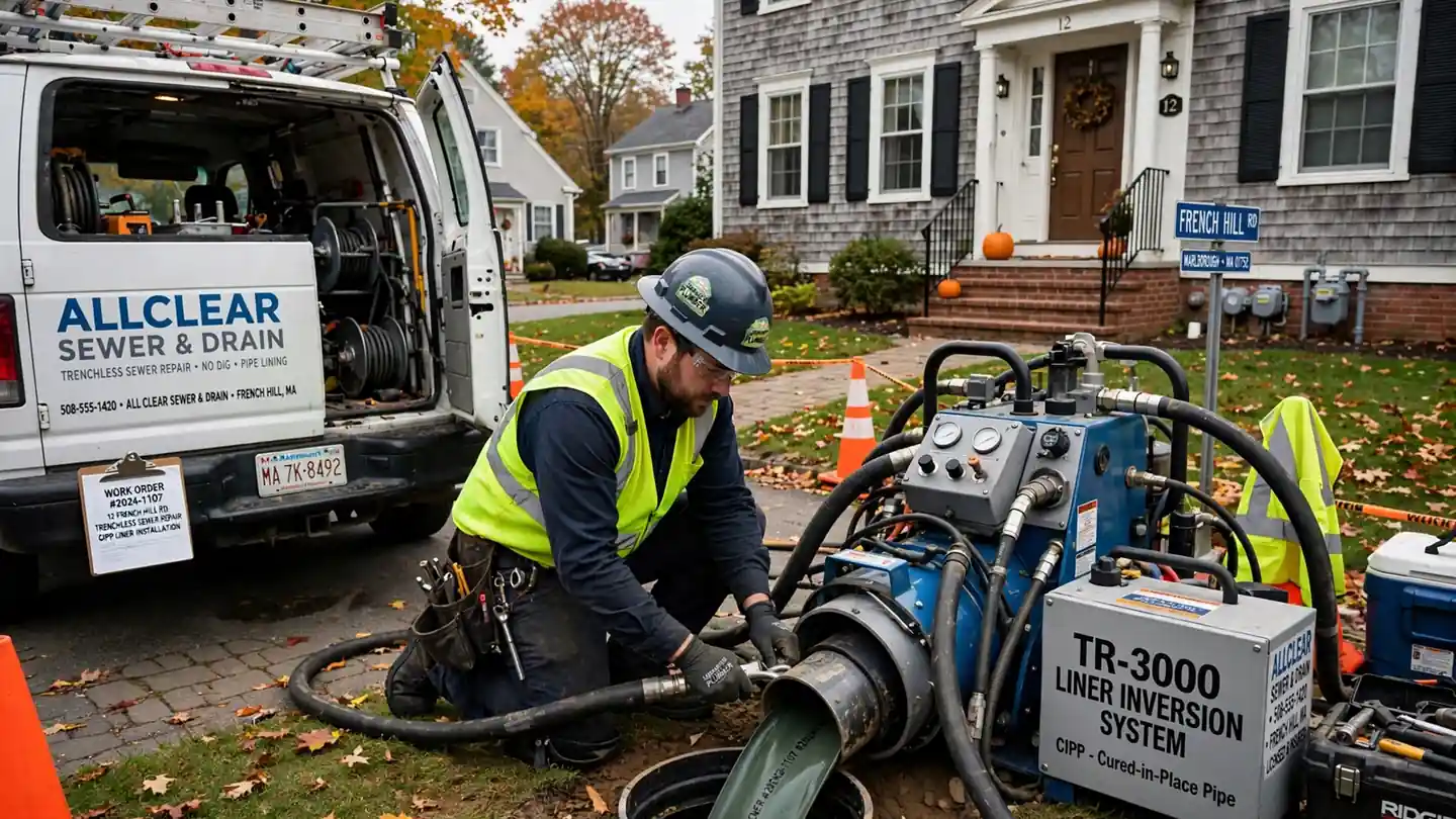 Reparación de alcantarillado sin zanja en French Hill, MA