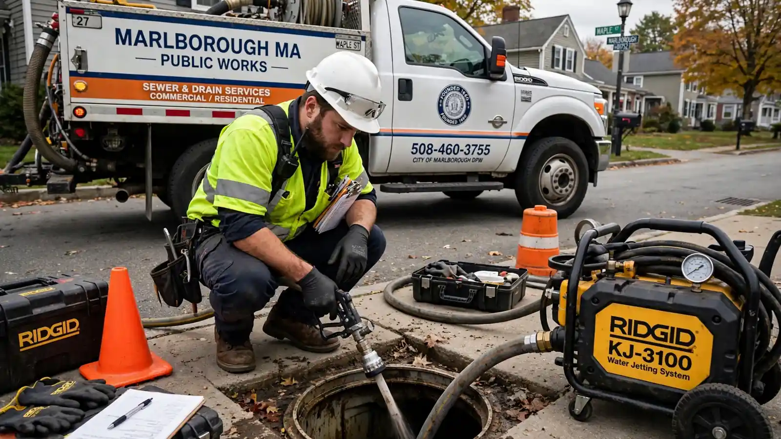 Commercial Sewer Services technician at work in Marlborough, MA
