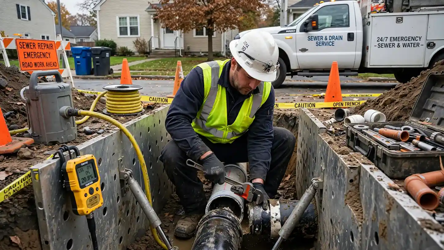 Emergency Sewer Repair technician at work in Marlborough, MA