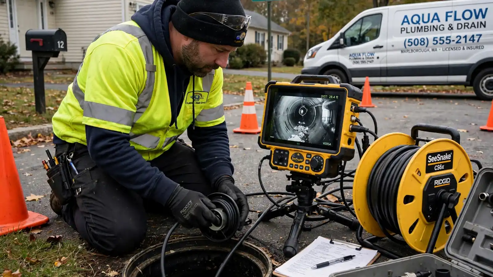 Sewer Camera Inspection technician at work in Marlborough, MA