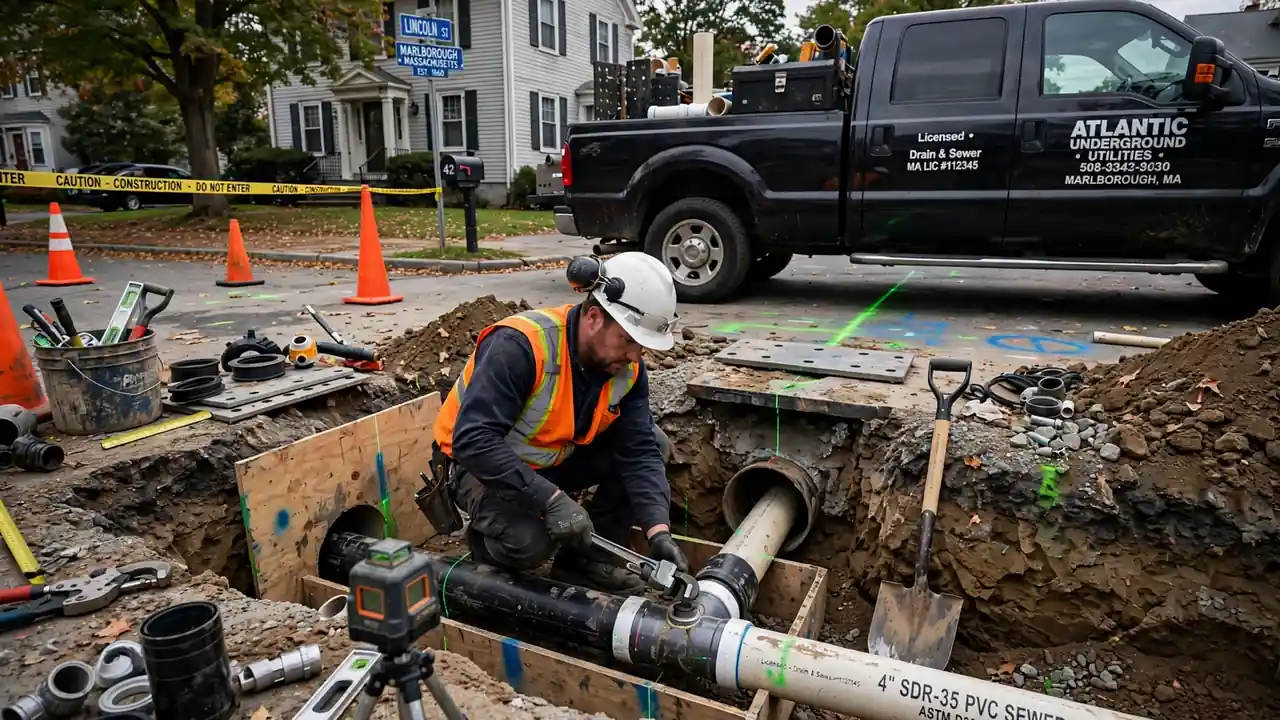 Sewer Line Installation technician at work in Marlborough, MA