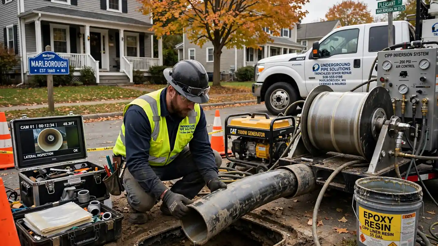 Trenchless Sewer Repair technician at work in Marlborough, MA